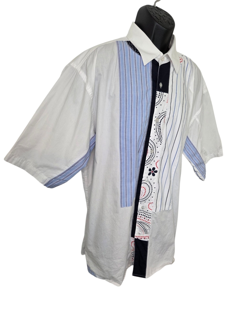 Le Jean Marithe Francois Girbaud Short-Sleeve Patchwork Button-Down Shirt - Picture 3 of 8